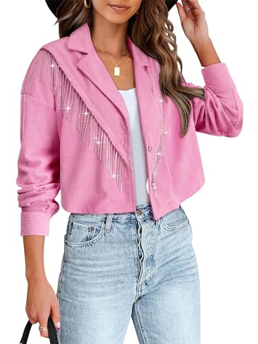 SiLing Damen Cord Cropped Jacke Sparkly Strass Fransen Konzert Outfits Spakle Quaste Kurz Shacket Jacken Mäntel, 699 Pink, S von SiLing