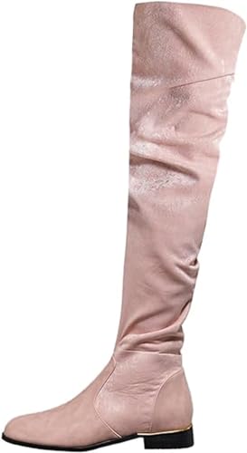 Damen Wildleder Über das Knie Flach Stiefel Mode Spleiß Runde Zehe Stretch Seitenreißverschluss Stiefel Bequem Wasserdicht Rutschfest Draußen Schuhe (Color : Pink, Size : 40 EU) von SiLted