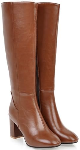 Frauen Klobig Absatz kniehohe Stiefel Schwarz Klobig Absatz, Warm Quadratische Zehe Seitlicher Reißverschluss Gestaltung Stiefel Herbst Lange Stiefel 2,7-Zoll-Absatzhöhe (Color : Brown, Size : 40 EU von SiLted