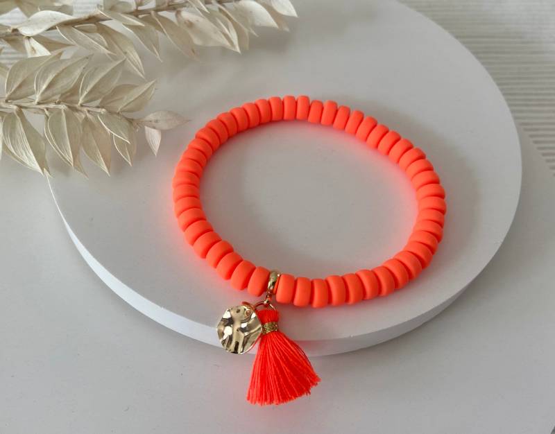 Armband Neon Orange | Polymer Ton Perlen Quaste Orangenes von SiOhLy