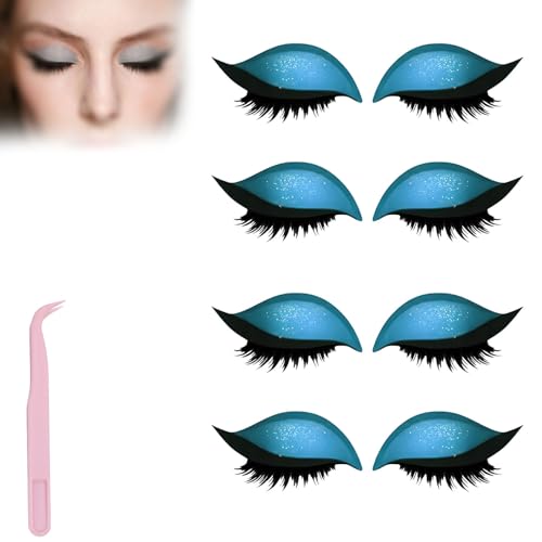 Lazy Eye Shadow Eyelash Patch,Eye Patch for Lazy Eyes,Eyeshadow Eyelashes Makeup Stickers,2-in-1 Reusable Eyes Makeup Stickers with False Lashes & Shadow,For All Shapes (Blue, 4pcs) von SiQiYu