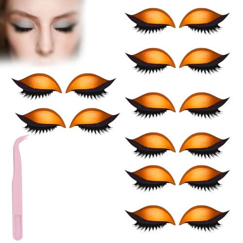 Lazy Eye Shadow Eyelash Patch,Eye Patch for Lazy Eyes,Eyeshadow Eyelashes Makeup Stickers,2-in-1 Reusable Eyes Makeup Stickers with False Lashes & Shadow,For All Shapes (Orange, 8pcs) von SiQiYu