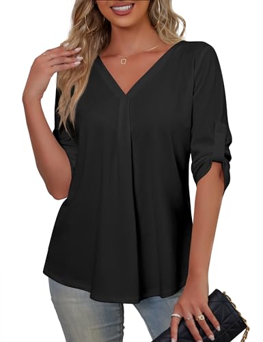 SiSoeng Damen Oberteile V-Ausschnitt 3/4 Ärmel Schwarze Bluse Business Outfit Damen Elegant, Schwarz, 2XL SiSoeng Damen Oberteile V-Ausschnitt 3/4 Ärmel Schwarze Bluse Business Outfit Damen Elegant, Schwarz, 2XL von SiSoeng