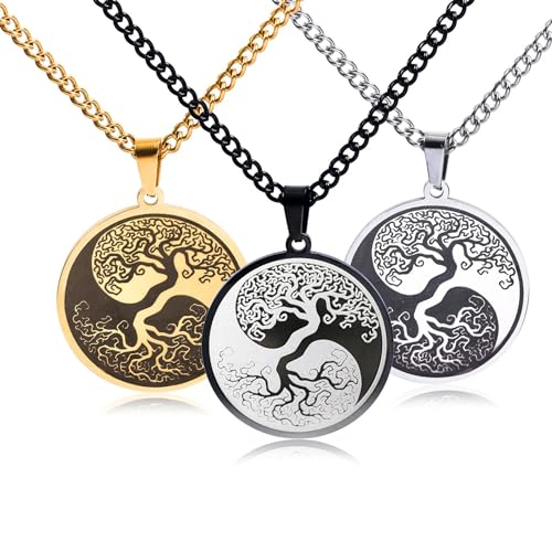 Halskette Ketten Schmuck Herren Frauen Anhänger Necklace Baum Des Lebens Yin Yang Anhänger Charm Männer Halskette Hip Hop Punk Accessoires Schwarz von SiVaji