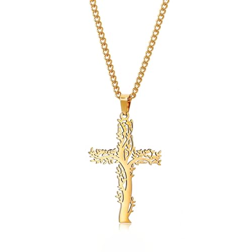 SiVaji Halskette Ketten Schmuck Herren Frauen Anhänger Necklace Hohler Baum Des Lebens Kreuz Anhänger Männer Halskette Hip Hop Punk Accessoires Party Gold von SiVaji