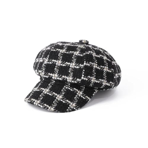 Strickmützen Hüte Mützen Caps Beanie Mütze Beanie Achteckige Newsboy Cap Herbst-Winter-Hüte Für Damen Vintage Karo-Malermütze Weiblich M Schwarz von SiVaji