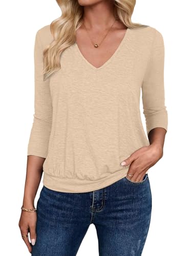 Sialois Damen-Tops mit 3/4-Ärmeln, V-Ausschnitt, Bluse, gebändertes Unterteil, Hemden, modische Tunika, Herbst-T-Shirts, Frühlings- und Sommerkleidung, aprikose, Klein von Sialois