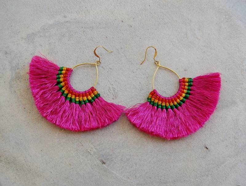 xl Messing Creolen Fuchsia Quasten Ohrringe von SiamHillTribes