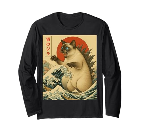 Catzilla Siamesische Katze, japanische Kunst, Geschenke für Männer, Frauen, Kinder Langarmshirt von Siamese Cat Apparel Gifts Graphic Tees