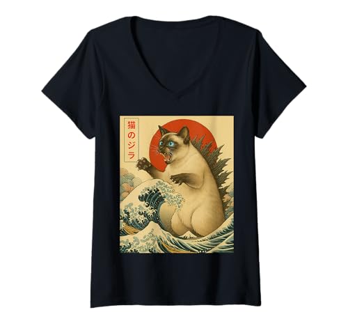 Damen Catzilla Siamesische Katze, japanische Kunst, Geschenke für Männer, Frauen, Kinder T-Shirt mit V-Ausschnitt von Siamese Cat Apparel Gifts Graphic Tees
