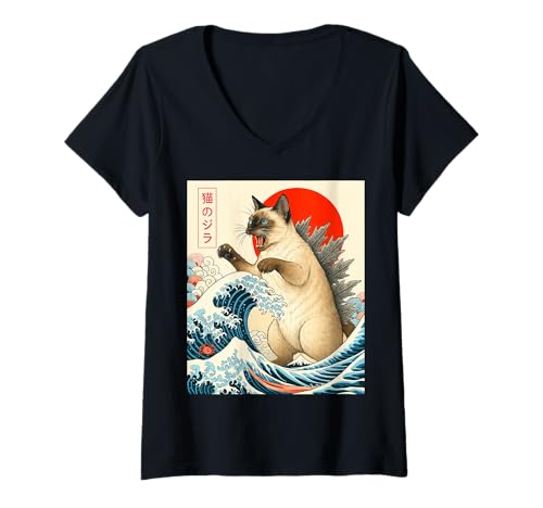 Damen Catzilla Siamesische Katze, japanische Kunst, lustige siamesische Katze, Geschenke T-Shirt mit V-Ausschnitt Damen Catzilla Siamesische Katze, japanische Kunst, lustige siamesische Katze, Geschenke T-Shirt mit V-Ausschnitt von Siamese Cat Japanese Art Funny Cat Gifts Tee