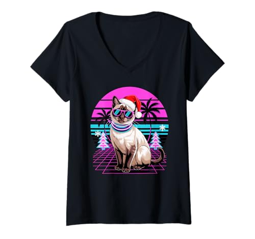 Damen Christmas Synthwave Siamese Cat Sunglasses Meezer T-Shirt mit V-Ausschnitt Damen Christmas Synthwave Siamese Cat Sunglasses Meezer T-Shirt mit V-Ausschnitt von Siamese Cat Meezer Lover Gifts