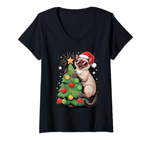 Damen Christmas Tree Siamese Cat Sunglasses Meezer T-Shirt mit V-Ausschnitt Damen Christmas Tree Siamese Cat Sunglasses Meezer T-Shirt mit V-Ausschnitt von Siamese Cat Meezer Lover Gifts