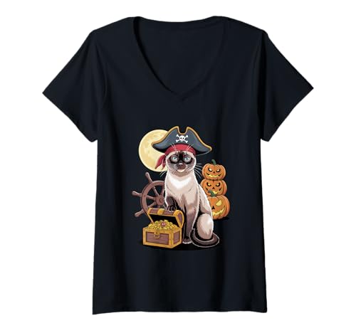 Damen Halloween Pirate Siamese Cat Treasure Meezer T-Shirt mit V-Ausschnitt Damen Halloween Pirate Siamese Cat Treasure Meezer T-Shirt mit V-Ausschnitt von Siamese Cat Meezer Lover Gifts