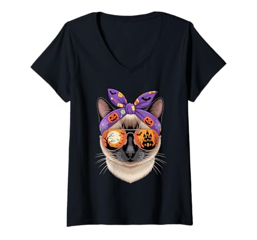 Damen Halloween Siamese Cat Bandana Meezer T-Shirt mit V-Ausschnitt Damen Halloween Siamese Cat Bandana Meezer T-Shirt mit V-Ausschnitt von Siamese Cat Meezer Lover Gifts
