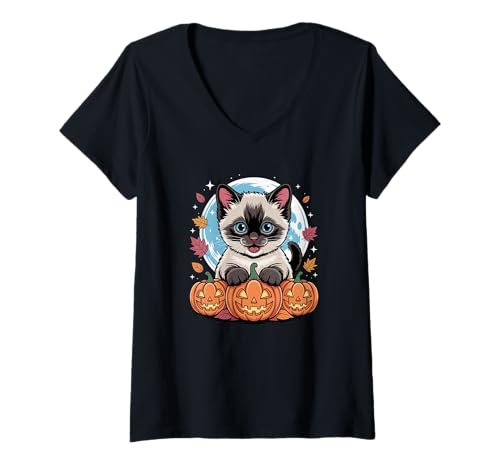 Damen Halloween Siamese Cat Kürbis Meezer T-Shirt mit V-Ausschnitt Damen Halloween Siamese Cat Kürbis Meezer T-Shirt mit V-Ausschnitt von Siamese Cat Meezer Lover Gifts