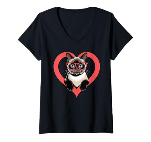 Damen Herz Siamese Cat Brille Meezer T-Shirt mit V-Ausschnitt Damen Herz Siamese Cat Brille Meezer T-Shirt mit V-Ausschnitt von Siamese Cat Meezer Lover Gifts