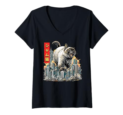 Damen Lustige Siamkatze Haustier Kaiju Monster Japanisch T-Shirt mit V-Ausschnitt Damen Lustige Siamkatze Haustier Kaiju Monster Japanisch T-Shirt mit V-Ausschnitt von Siamese Cat Pet Kaiju Monster Clothing