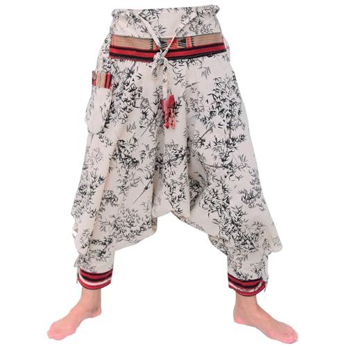 Siamrose Haremshose im japanischen Stil, Samurai, Yoga, Ninja, für Herren und Damen, Einheitsgröße, elastischer Bund, Beige bedruckt, Beigefarbener Druck, Einheitsgröße von Siamrose