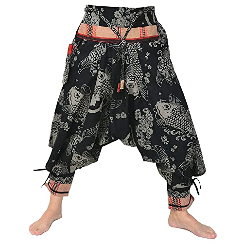Siamrose Japanischer Stil Samurai Yoga Ninja Haremshose Herren Damen Lounge-Hose, Einheitsgröße, elastische Taille, Black Koi, Einheitsgröße von Siamrose