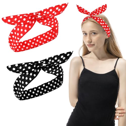 2 Stück Gepunktete Stirnbänder Hasenohren Schleife Kopfwickel Retro Bandana Weihnachts Dress Up 50er Jahre Draht Stirnband Vintage Druck Haarband Niedliches Geknotetes Haar für Frauen Mädchen von Sibba