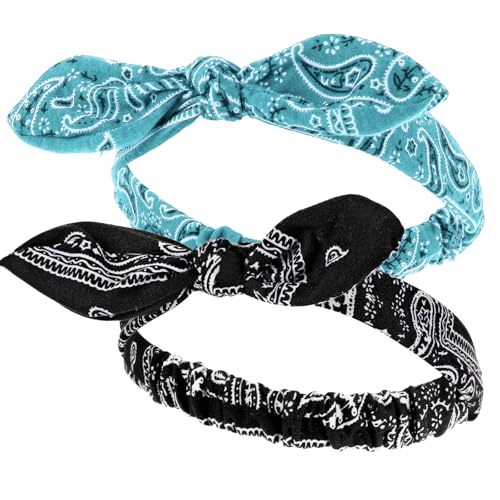 2 Stück Haarband Dehnbar Damen Stirnband Stirnbänder Haarschleife Haarbänder Kopftuch Damen Kopftuch Boho Stirnband Print Haarschmuck 90er Jahre Outfit Damen Accessoires (Schwarz+Himmelblau) von Sibba