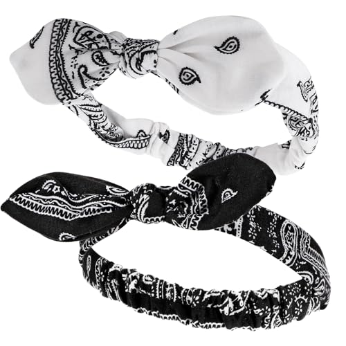 2 Stück Haarband Dehnbar Damen Stirnband Stirnbänder Haarschleife Haarbänder Kopftuch Damen Kopftuch Boho Stirnband Print Haarschmuck 90er Jahre Outfit Damen Accessoires (Weiß+Schwarz) von Sibba