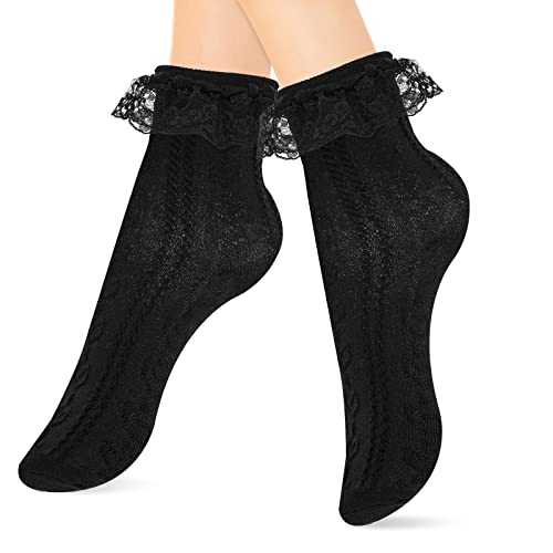 Sibba 1 Paar Rüschen Liners Spitze Knöchel Socken Crew Elastische Baumwolle Prinzessin Fee Goth Manschetten Niedlich Dessous Kleid für Frauen Mädchen Schulmädchen Kleidung Kostüm Schwarz One size von Sibba