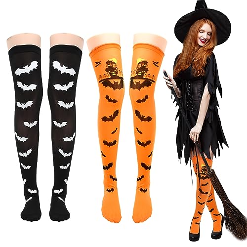 Sibba 2 Paar Halloween Oberschenkelhohe lange Strümpfe über Kniestrümpfe Fledermaus Druck Strumpfhosen Cosplay Festival Party Strümpfe für Frauen Mädchen von Sibba