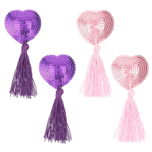 Sibba 2 Paar Pasties Nippelabdeckungen Aufkleber Quasten Brustblätter Herzförmige Pailletten dünne Pads Patches Halloween Selbstklebender BH Brust Brustblätter Dessous Zubehör Damen Mädchen(Lila Rosa) von Sibba