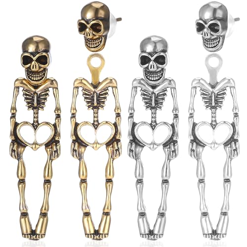 Sibba 2 Paar Schädel Skelett Tropfen Ohrringe Halloween Skull Ohrringe Gotik Totenkopf Schmuck Gothic Horror Ohrringe Damen Kostümparty Earrings Ohrstecker Menschliches Selett Goth Ohrhänger Rockwear von Sibba