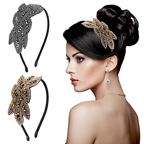 Sibba 2 Stück Stirnbänder Damen Stirnbänder 1920er Jahre Haarschmuck Gold Strass Schwarz Silber Kristall Braut Hochzeit Pins Spitze Kopfschmuck Stück Perlen Clip Ostern Party Art Deco (Grau/Gold) von Sibba