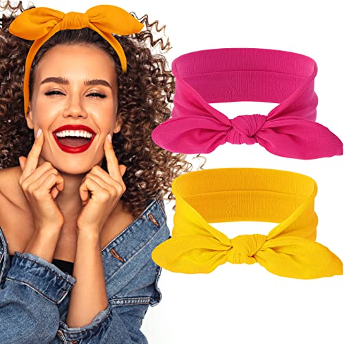 Sibba 2 Stück Stirnbänder Vintage Kaninchenohrschleife Headwraps Boho Stirnband Kaninchenohr Haarband Haarschmuck für Frauen Mädchen (Schwarz) (Gelb+Rosarot) von Sibba