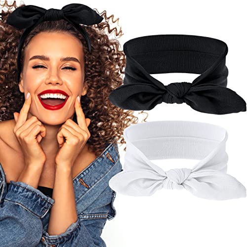 Sibba 2 Stück Stirnbänder Vintage Kaninchenohrschleife Headwraps Boho Stirnband Kaninchenohr Haarband Haarschmuck für Frauen Mädchen (Schwarz+Weiß) von Sibba