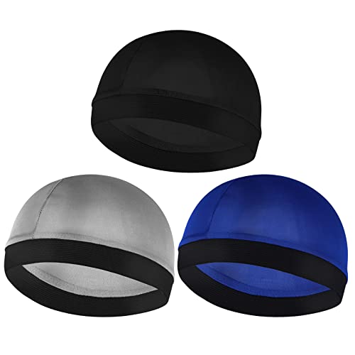 Sibba 3 Stück Elastische Band Wellenkappen für Herren Kopfwickel Breiter Riemen Seidiges Gefühl Durag Kappen Unisex SchäDelkappen Beanies Weich Atmungsaktiv Duschhaube Badzubehör (Schwarz/Silber/Blau) von Sibba