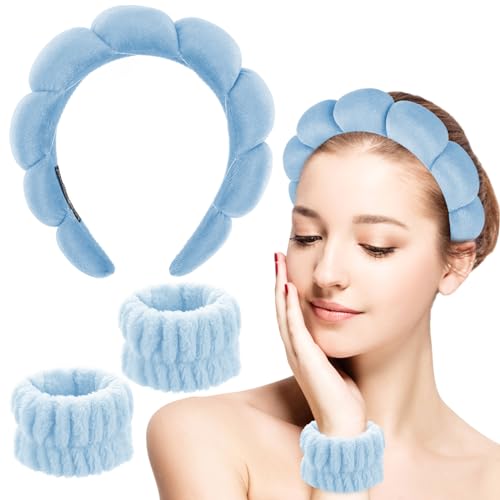 Sibba 3pcs Schwamm Spa Stirnband für Frauen Weiches Make Up Handgelenk Waschband Set Hautpflege Stirnbänder Terry Stoffblasen Haarband Für GesichtswaschenEntfernung Yoga Sport Dusche (Blau) von Sibba