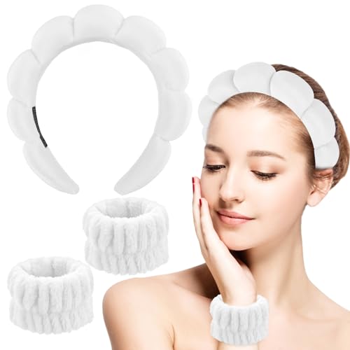 Sibba 3pcs Schwamm Spa Stirnband für Frauen Weiches Make Up Handgelenk Waschband Set Hautpflege Stirnbänder Terry Stoffblasen Haarband Für GesichtswaschenEntfernung Yoga Sport Dusche (Weiß) von Sibba