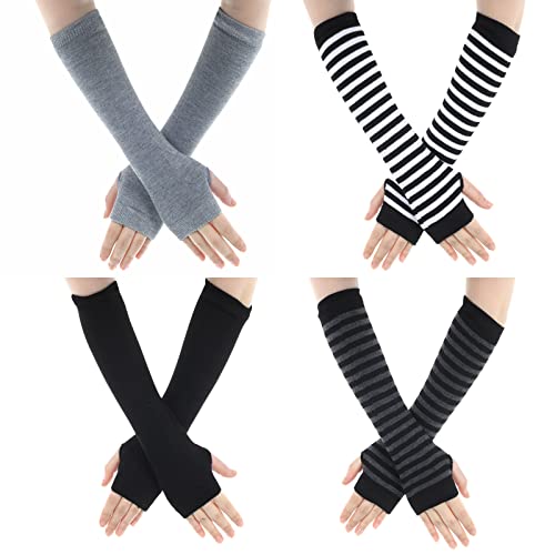 Sibba 4 Paar Gestrickte fingerlose Handschuhe Handgelenk mit Fingerlöchern dehnbar Arm Handwärmer Punk Gothic Rock Warm Frühling Unisex Fäustlinge Lange Ärmel Büro Tippen Computer (Einfarbig Streifen) von Sibba