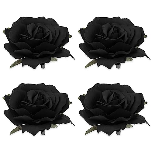 Sibba 4 Stück Blumen-Haarspangen-Korsagen Rosen-Pin-Brosche Große Boutonniere-Haarspangen Schmuck Ballett-Tanz-Kopfbedeckung Stoffschleife Haarnadel-Kopfbedeckung Outfits Party Hochzeit Event(Schwarz) von Sibba