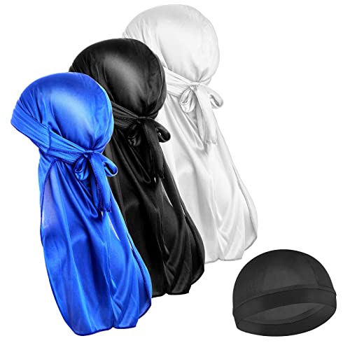 Sibba 4 Stück Seidige Durag Lange Turban Kopfbedeckungen Elastisch weich Atmungsaktiv Gewellt für Männer und Frauen Laufen Fitness, Radfahren Wandern Camping, Schwarz/Blau/Weiß von Sibba