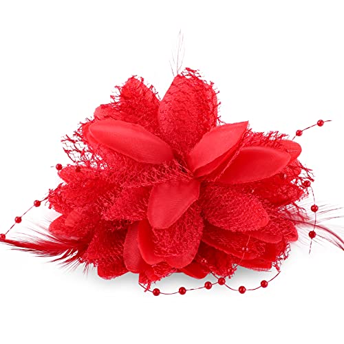 Sibba Blumenclips Hut Haarnadel Haarspange Federn Blumen Clip Rot Rosen Haarnadeln Haarschmuck Hochzeit Stirnband Cocktail Headwear Frauen Mädchen Hüte Pillbox Hut Klassisch Tea Party Weihnachten von Sibba