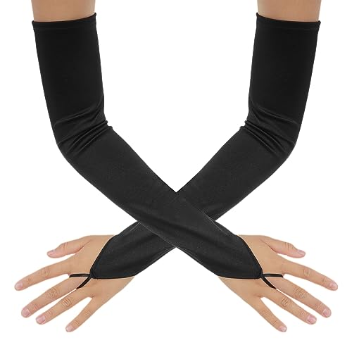 Sibba Cosplay-Handschuhe Sommer Schwarz Fingerlos lang Spitze Netzstoff Satin Fäustlinge Sommer Opernparty Fischnetz Armstulpe Gothic-Zubehör Rave Ellenbogenlänge Band formeller Abend Damen-Kostüm von Sibba