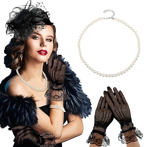 Sibba Damen Fascinatoren Hüte Federn Schleier Netzhut Spitze Handschuhe Perlen Choker Halskette Teeparty Clip Kopfschmuck Haarschmuck Für Party Kirche Hochzeit 3 Stück Schwarz von Sibba