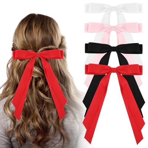 Sibba 4 Stück Haarschleifen Schleife Haarspange für Damen Mädchen Haarschmuck Ribbon Haarspangen Einfarbiges Hair Bows Clip Französischer Haarspangen Frauen Party Hochzeit (Schwarz, Rot, Rosa, Weiß) von Sibba