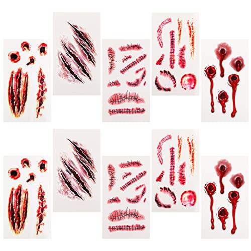 Sibba Fake Blood Temporäre Tattoo Aufkleber Body Art Haut Aufkleber 10 Stück Horror Realistische Blutige Wunde Stich Narbe Schorf Prellung Halloween Cosplay Make up Kit von Sibba