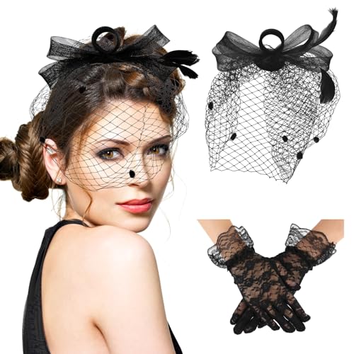 Sibba Fascinators für Frauen 1920er Jahre Teeparty Hut und kurze Spitze Handschuhe Federn Schleier Mesh Stirnband Floral Spitze Handschuhe Schwarz Einheitsgröße von Sibba
