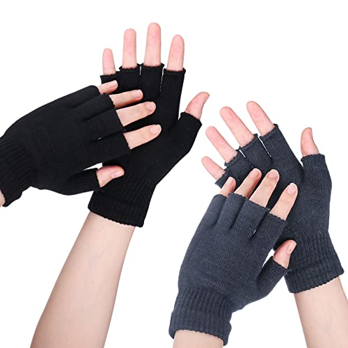 Sibba HalbfingerHandschuhe 2 Paar Gestrickter Touchscreen warm dehnbar fingerlose Handschuhe für Herren und Damen Schwarz und grau Einheitsgröße von Sibba