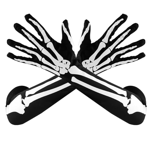 Sibba Handschuhe Halloween Hände Kostüme 1 Paar Geist Cosplay Schädel Krallen Horror Knochen Gruselige volle lange Finger Party Dekor Reiter Fäustlinge Erwachsene Damen Herren, Schwarz, short von Sibba