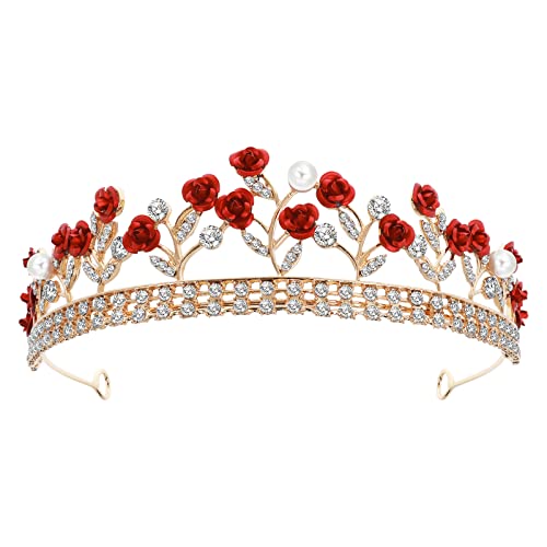 Sibba Kronen Tiara Stirnband Prinzessin Königin Fee Abschlussball Geburtstag Rote Edelsteine Blume Strass Golden Crown Kopfschmuck Haarband Festzug Weihnachten Hochzeit Braut Kopfbedeckung Frauen von Sibba