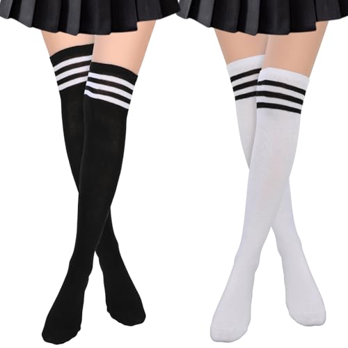 Sibba Lange Hohe Oberschenkelsocken 2 Paar Gestreift Übers Knie Dünne Strumpfhose Strumpf Beinwärmer Schwarz Weiß Damenstrumpfwaren Weiche Hautfreundliche Socken Kleidung Kleider Täglichen Gebrauch von Sibba